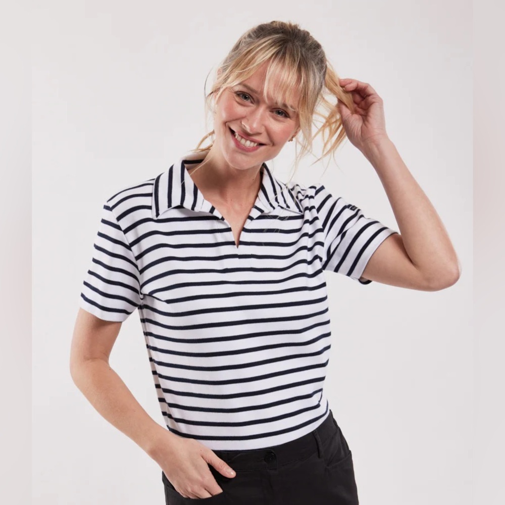 Armor Lux • Navy and White Striped Collared Polo Shirt • Medium